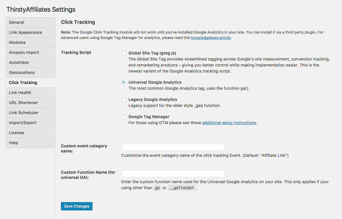 setting up google analytics click tracking in ThirstyAffiliates.