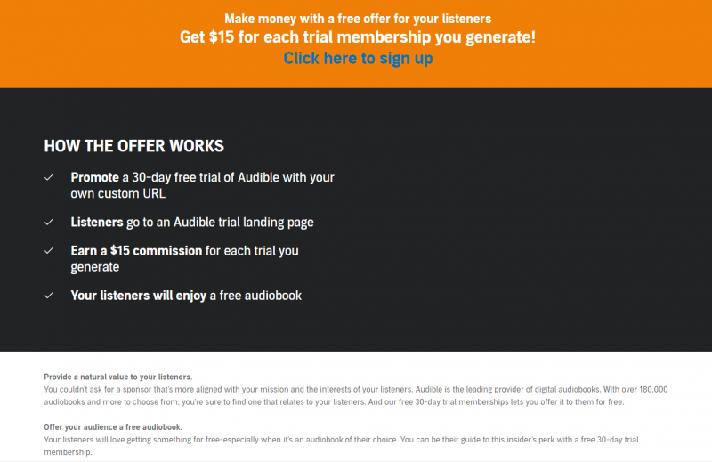 The affiliate program page for Audible.