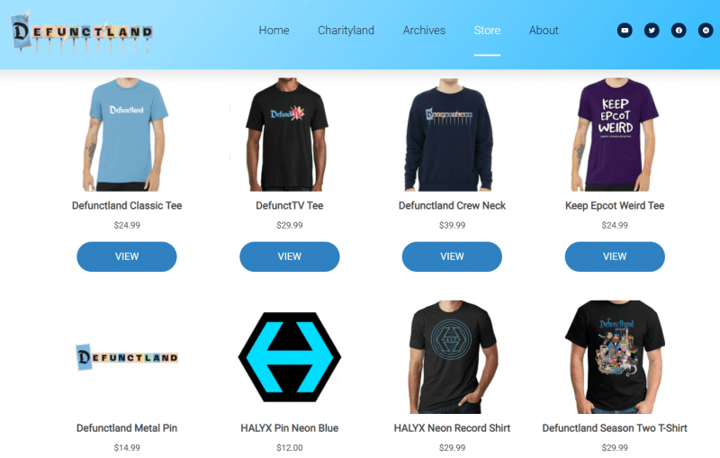 The store page of Defunctland.com, using branded merchandise to monetize their ideas and content.