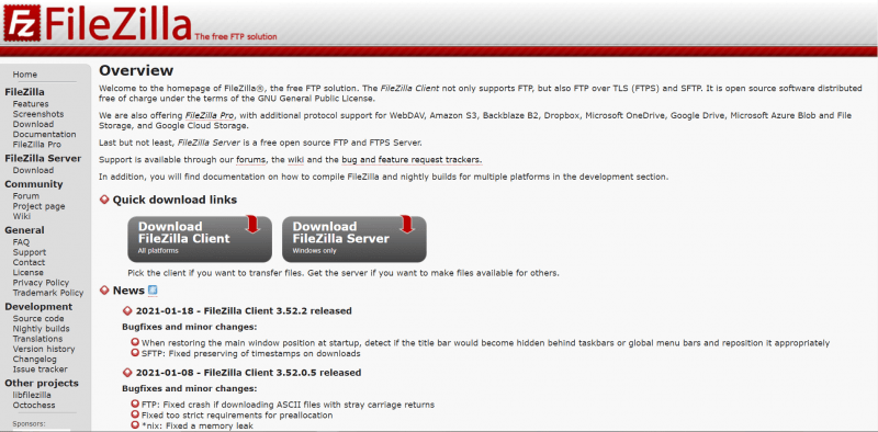 The FileZilla homepage.