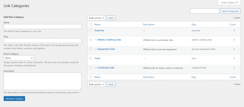 A ThirstyAffiliates example of what link categories can look like when used for link management.