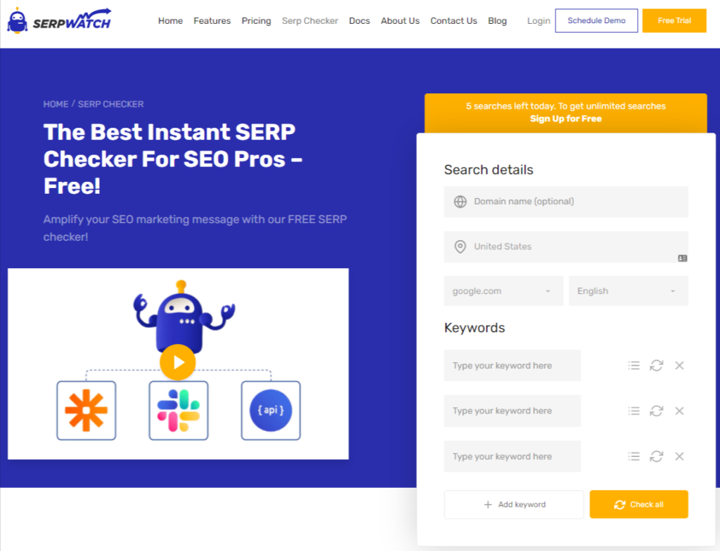 SERPWatch homepage- free SERP checker tools