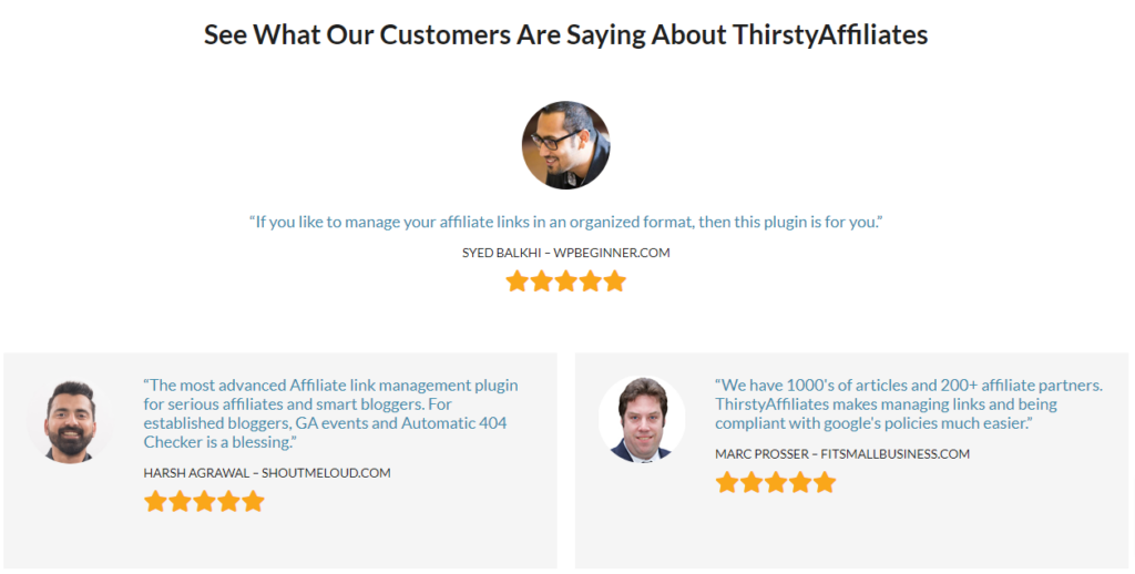 ThirstyAffiliates social proof reviews page