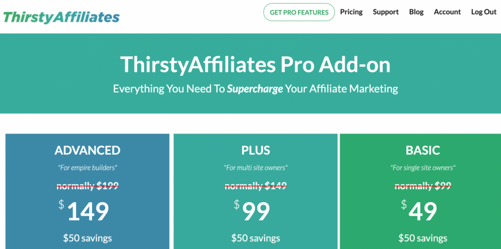 ThirstyAffiliates Pro plugin for WordPress pricing page.