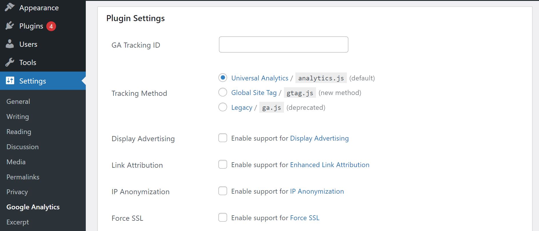 Configuring the settings for GA Google Analytics plugin