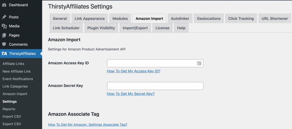 Connect Amazon Associates in ThirstyAffiliates.