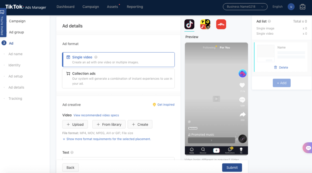 TikTok ads video upload
