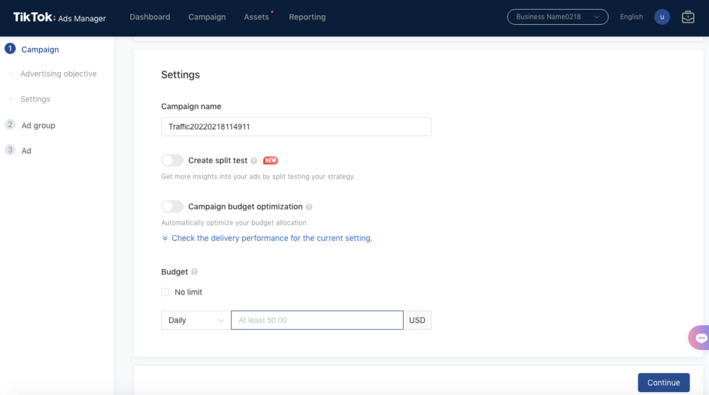 TikTok campaign settings