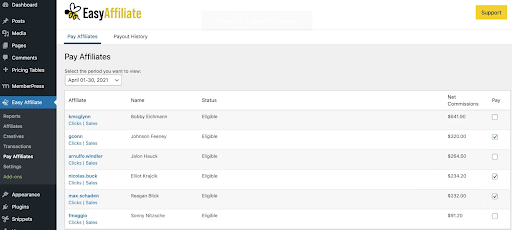 Screenshot of the Pay Affiliates page in the Easy Affiliate WordPress plug-in.