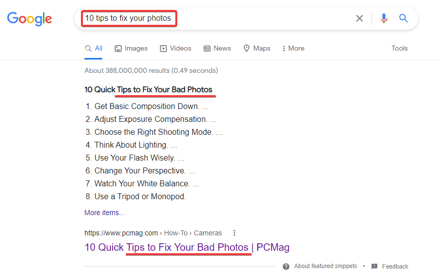 using target keywords for google's featured snippets