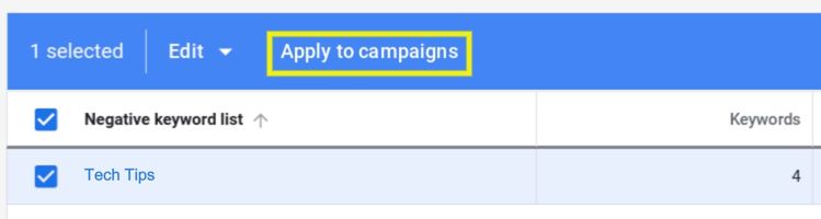 Apply negative keywords to campaigns