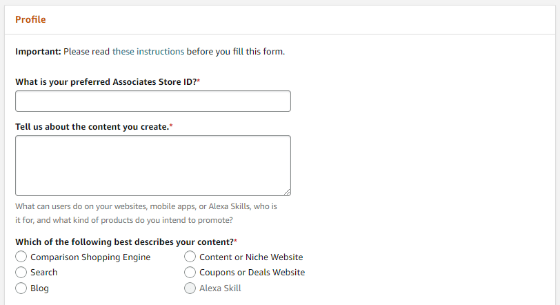 Amazon Associates Profile page