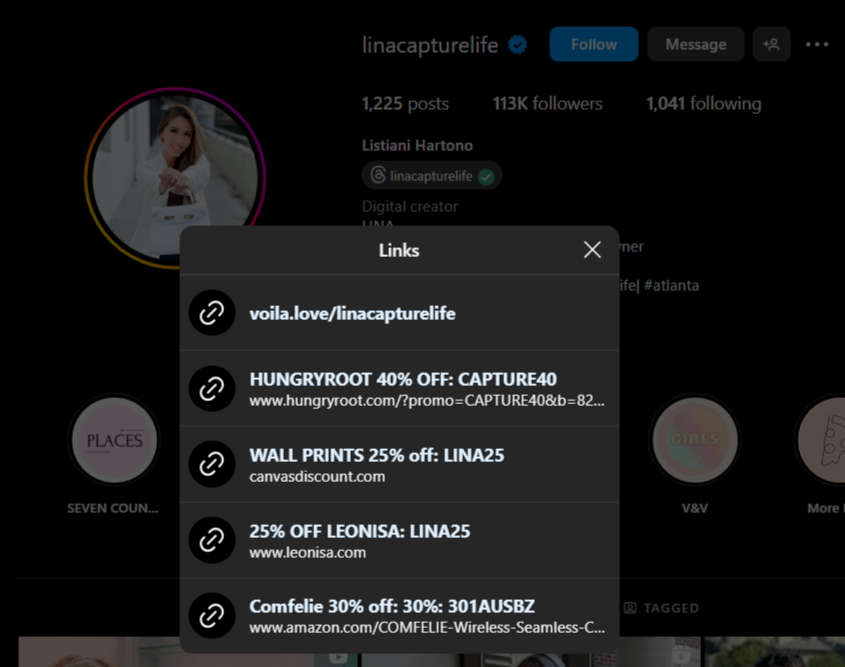 Instagram link in bio example directs followers to multiple referral links